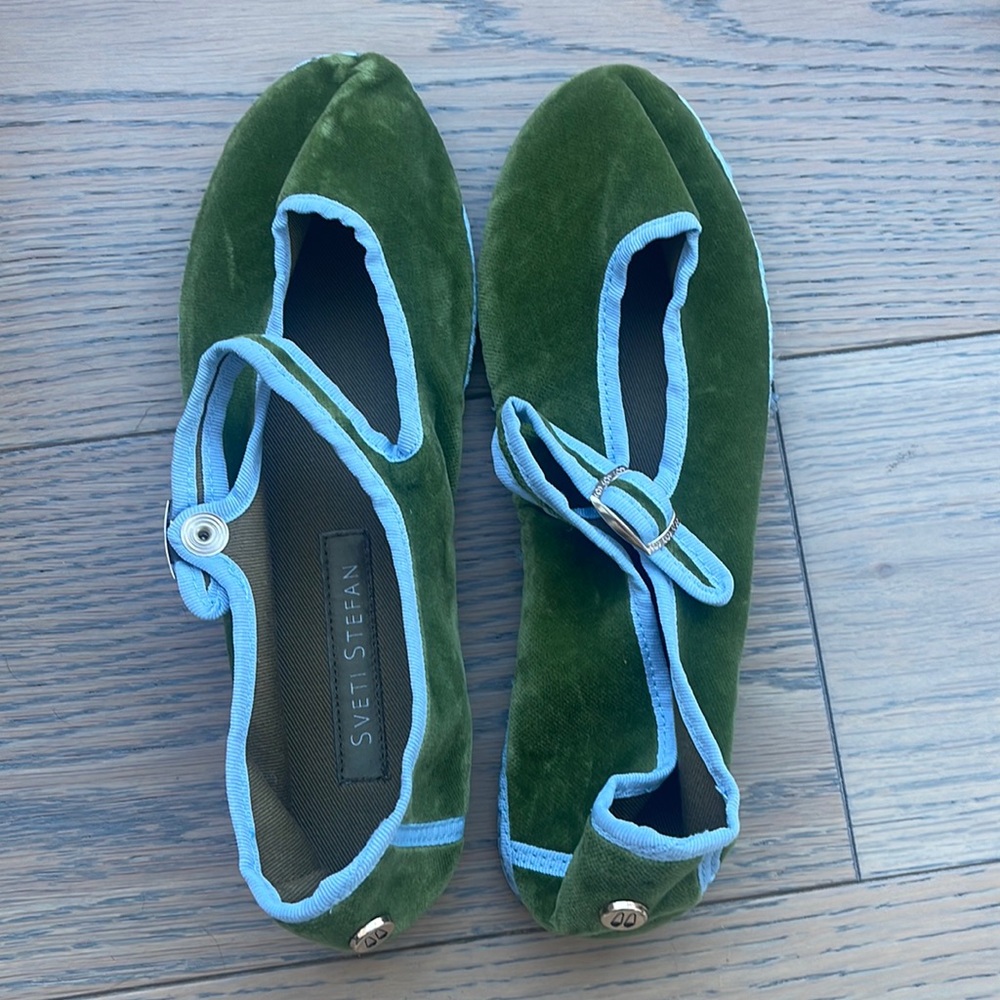 Green Velvet Mary Jane Flats with Light Blue Trim
